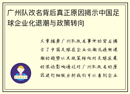 广州队改名背后真正原因揭示中国足球企业化退潮与政策转向 广州队改名背后真正原因揭示中国足球企业化退潮与政策转向